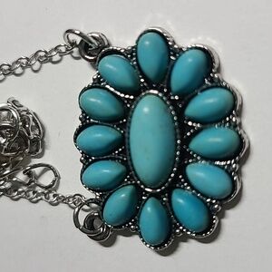 Necklace of Turquoise Like Beads with Silver Metal Chain